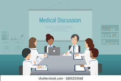 Medical discussion banner with group of doctors discuss flat design vector illustration