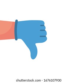 Medical dislike icon. Human hand in blue glove with thumb down. Vector illustration flat design. Isolated on white background. Quarantined man in protective gloves. Disapprove  cartoon sign.