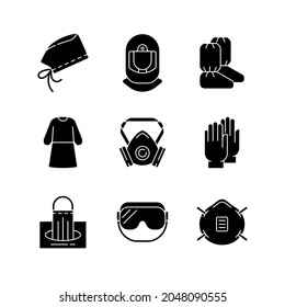 Medical disposable covers black glyph icons set on white space. Surgical cap and helmet. Boot covers. Isolation gown. Medical goggles. N95 mask. Silhouette symbols. Vector isolated illustration