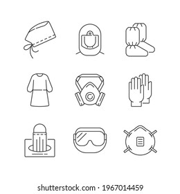 Medical disposable covers linear icons set. Surgical cap and helmet. Medical goggles. N95 mask. Customizable thin line contour symbols. Isolated vector outline illustrations. Editable stroke