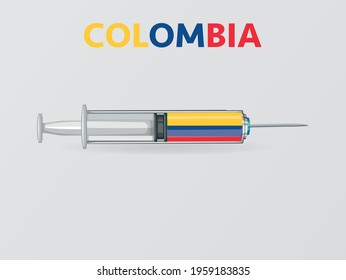 Medical disposable syringe icon with Colombia Flag. Applicable for covid 19, coronavirus vaccine injection, vaccination illustration. plastic syringe. Vector illustration