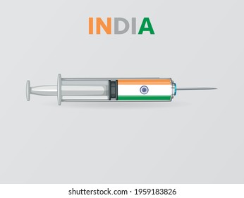 Medical disposable syringe icon with India Flag. Applicable for covid 19, coronavirus vaccine injection, vaccination illustration. plastic syringe. Vector illustration