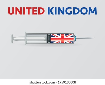 Medical disposable syringe icon with United Kingdom Flag. Applicable for covid 19, coronavirus vaccine injection, vaccination illustration. plastic syringe. Vector illustration