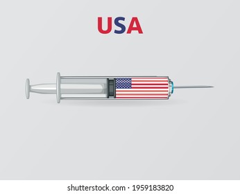 Medical disposable syringe icon with USA Flag. Applicable for covid 19, coronavirus vaccine injection, vaccination illustration. plastic syringe. Vector illustration