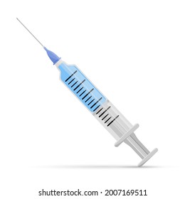 Medical disposable syringe isolated on white background. Syringe filled with blue medication. Vaccine injection, vaccination .  Flat vector illustration.