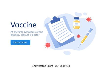 Medical disposable syringe with a needle. Applicable for covid 19, coronavirus vaccine injection, vaccination illustration. Anti-virus vial, patient history, tablet used by doctor. Vector illustration