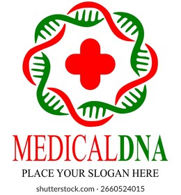 Plantilla de logotipo de Vector de ADN médico. Este diseño utiliza el cromosoma y el símbolo de la cruz. Conveniente para el negocio de la salud.