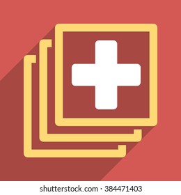 Medical Docs long shadow vector icon. Style is a light flat symbol on a red square button.