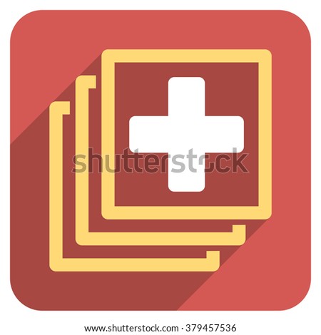 Medical Docs long shadow vector icon. Style is a light flat symbol on a red rounded square button.