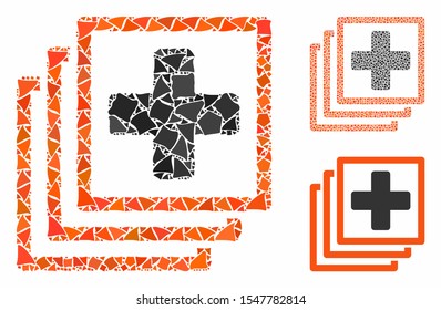 Medical docs mosaic of uneven items in various sizes and color tones, based on medical docs icon. Vector bumpy pieces are composed into collage. Medical docs icons collage with dotted pattern.