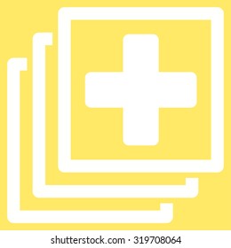 Medical Docs vector icon. Style is flat symbol, white color, rounded angles, yellow background.