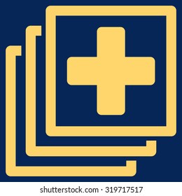Medical Docs vector icon. Style is flat symbol, yellow color, rounded angles, blue background.