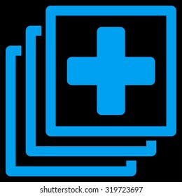 Medical Docs vector icon. Style is flat symbol, blue color, rounded angles, black background.