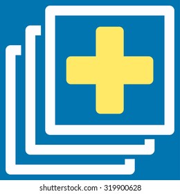 Medical Docs vector icon. Style is bicolor flat symbol, yellow and white colors, rounded angles, blue background.