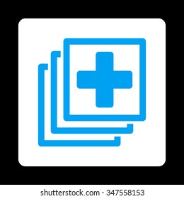 Medical Docs vector icon. Style is flat rounded square button, blue and white colors, black background.