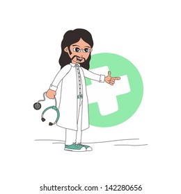 medical doctor cartoon pointing long hair