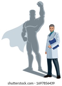 Medical doctor casting superhero shadow on white background.