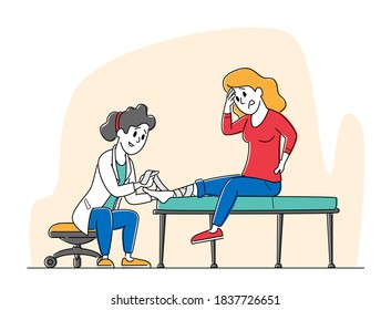 Medical Doctor Character Bandage Broken Leg to Female Patient Sitting on Couch at Clinic or Traumatology Department. Limb Fracture, Healthcare, Hospital Visit, Linear People Vector Illustration