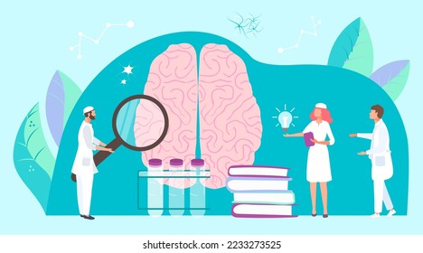 Medical doctor character hold magnifying glass research human brain, tiny biology scientific brilliant idea flat vector illustration.