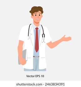 Medical doctor character talking or explain information for advertisement message. Healthcare professional in hospital concept.