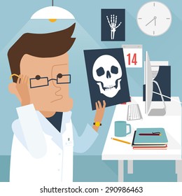 Medical doctor character viewing x-ray of skull vector illustration