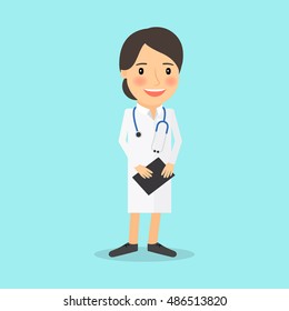 Medical doctor character. Young lady in white uniform vector illustration