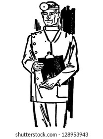 Medical Doctor With Chart - Retro Clip Art Illustration