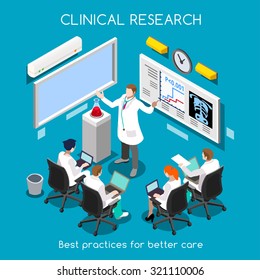 Medical Doctor Conference translational data Clinic Research Training. Hospital workshop Staff Researcher Clinical Trial Study. Medicine Health care Meeting 3D Isometric People Vector Infographic