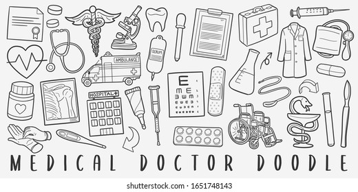 Medical Doctor Doodle Line Art Illustration. Hand Drawn Vector Clip Art. Banner Set Logos.