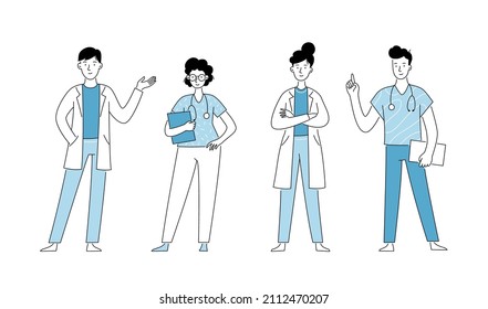 Medical doctor doodle line character set. Doctor team. Medical staff doctor and nurse group. Vector illustration isolated.