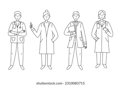 Medical doctor doodle line character set. Doctor team. Medical staff doctor and nurse group. Vector illustration isolated.