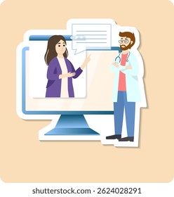 Medical doctor explaining diagnosis to his patient through video call on computer, telemedicine and online doctor consultation concept