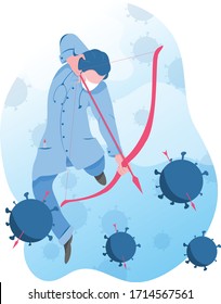 Medical doctor fighting against global pandemic virus. Indian God Ram with medical uniform and mask protect city from corona virus outbreak. Modern flat Vector of warrior fighting Covid 19.