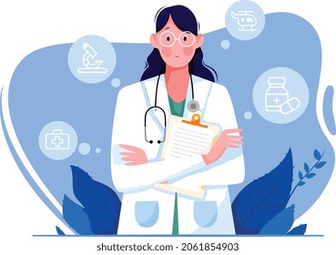 Medical doctor, a girl in a white coat. Flat character. The profession is medicine.