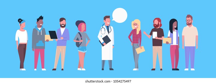 Medical Doctor With Group Of People Patients On Blue Background Horizontal Banner