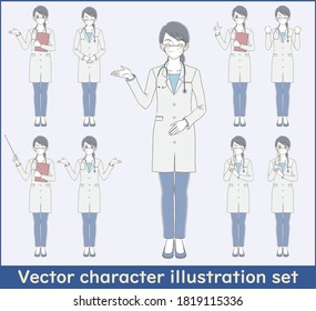 Medical / doctor hand-painted style full-body illustration set of a female doctor wearing a white coat and a mask