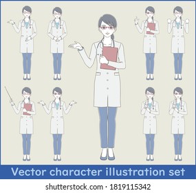 Medical / doctor hand-painted style full-body illustration set of a female doctor wearing a white coat and glasses