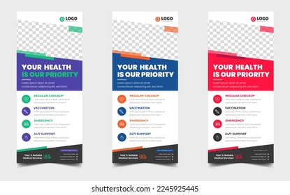 medical doctor healthcare modern rack card and dl flyer. medical doctor healthcare roll up banner design template with blue, green, yellow and red color.