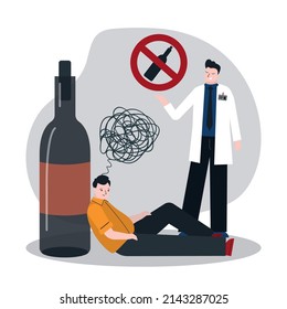 El médico ayuda a los hombres que tienen alcohol y drogadicción. Triste alcohólico macho encadenado a la botella de bebidas alcohólicas. Hombre deprimido adicto al consumo de alcohol. Concepto de problema del alcoholismo. Ilustración del vector