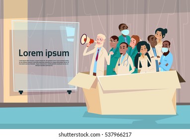 Medical Doctor Hold Megaphone Loudspeaker Group Team White Chat Bubble Copy Space Vector Illustration