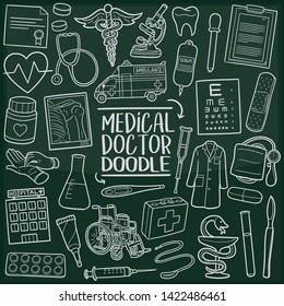 Medical Doctor Hospital. Chalkboard Doodle Icons. Sketch Hand Made Design Vector Art.