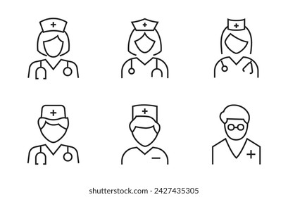 Medical Doctor Icon Health Care Physician With Stethoscope around his neck. Family doctor - a provider of patient care line icons set, editable stroke isolated on white, linear vector outline