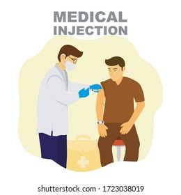 Medical doctor injecting medicine on patient arm, medical treatment on hospital illustration.