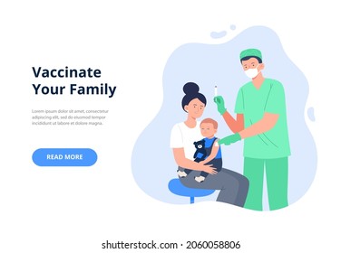 Medical doctor injecting vaccine to a mother and child. Diseases, and viruses prevention concept. Vector flat illustration.