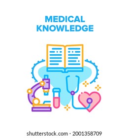 Concepto de icono del vector del conocimiento médico. Conocimiento Médico Y Educación, Investigación Científica Con Equipo De Laboratorio Microscopio. Ilustración de color del libro de medicina para estudiantes que leen