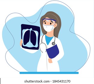 Medical doctor looking at x-ray picture of lungs in hospital. Covid-19 consept. Pneumonia test, radiography, coronavirus