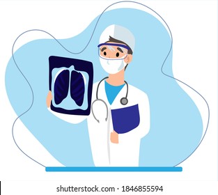 Medical doctor looking at x-ray picture of lungs in hospital. Covid-19 consept. Pneumonia test, radiography, coronavirus