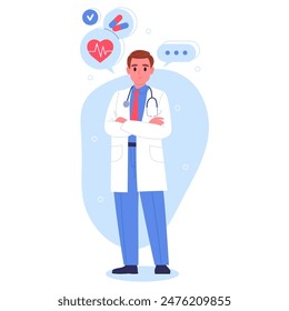 Medical doctor. Male hospital worker, therapist or surgeon, doctor consultation and medical research flat vector illustration. Medical clinic worker