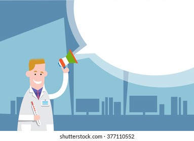 Medical Doctor Man Hold Megaphone Loudspeaker White Chat Bubble Copy Space Flat Vector Illustration