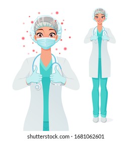 Medical doctor in mask, gloves, white coat and green scrubs showing thumbs up. Protection from coronavirus. Vector illustration isolated on white background.